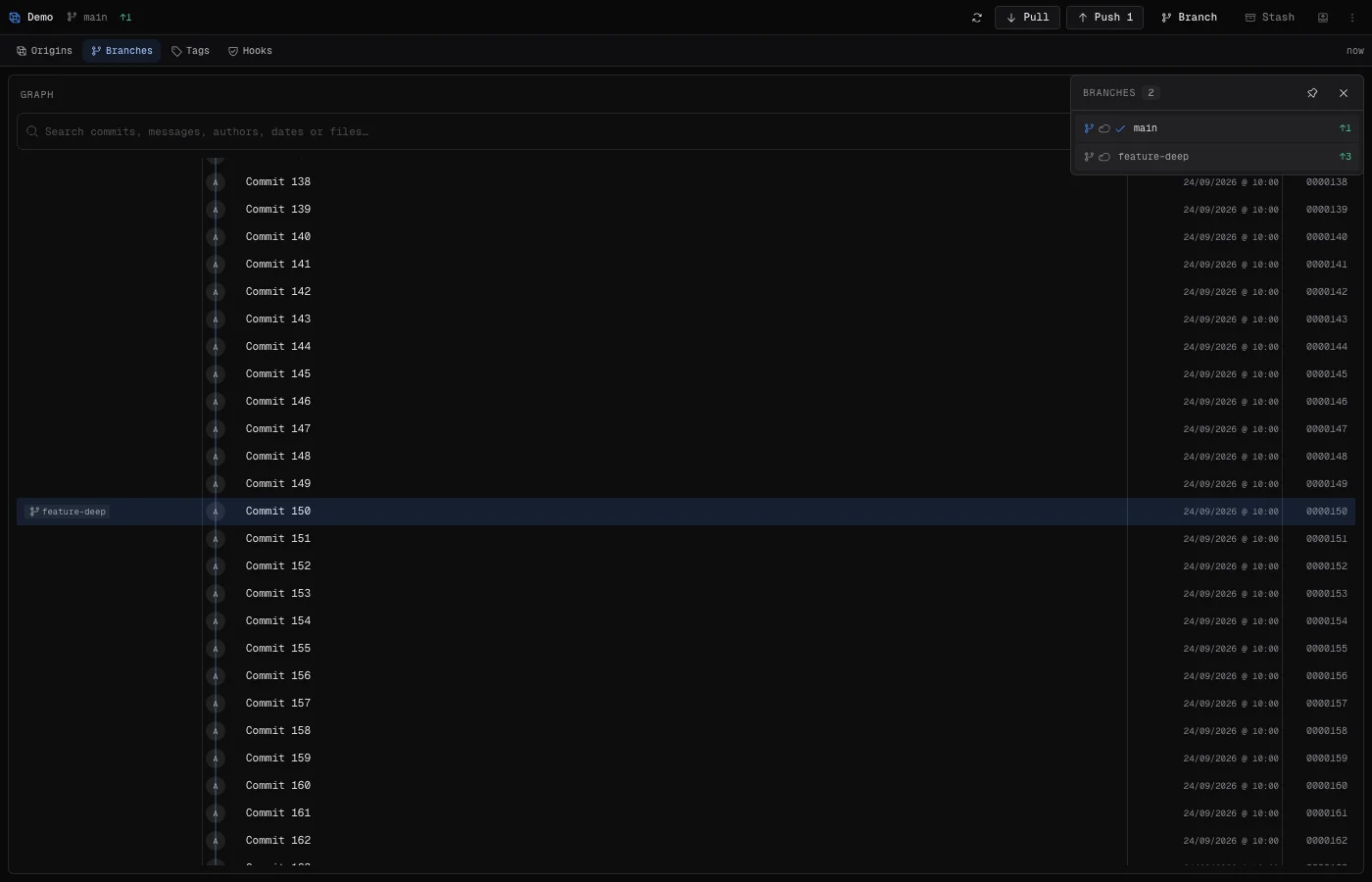 Client Git Singularity : panneau des branches et historique graphique du dépôt de démonstration