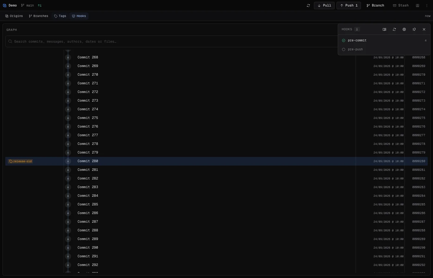 Panneau Hooks Git de Singularity affichant pre-commit et pre-push dans un dépôt de démonstration