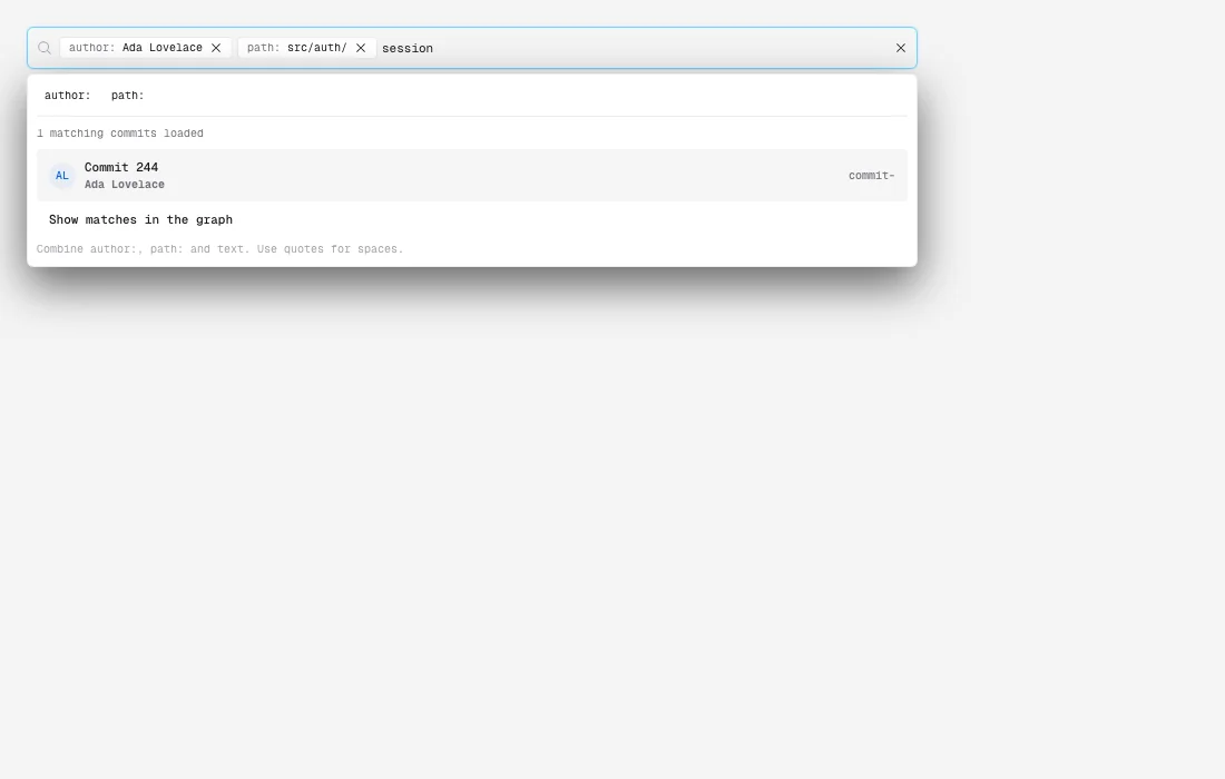Recherche de commits Git dans Singularity avec filtres auteur et chemin src/auth