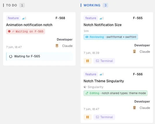 Le board Singularity : le ticket F-568 « Animation notification notch » reste en To Do avec un badge « Waiting on F-565 » tant que F-565 n'est pas terminé