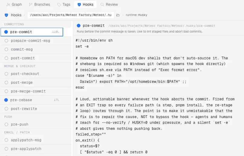 Le menu Hooks de l'interface Git de Singularity : la liste des hooks (pre-commit, prepare-commit-msg, commit-msg, post-commit, pre-rebase, pre-push…) avec le runtime Husky détecté et le contenu du script pre-commit affiché à droite
