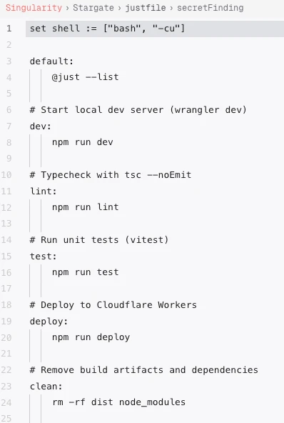 Un Justfile ouvert dans Singularity, avec les recettes default, dev, lint, test, deploy et clean, chacune commentée