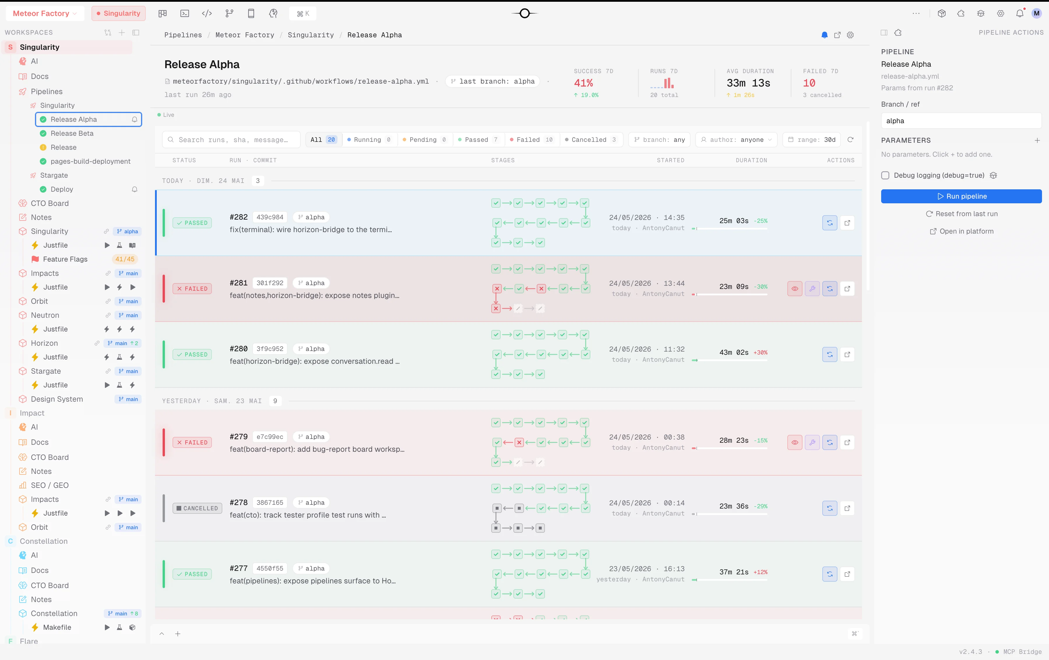 Vue d'ensemble du tableau Pipelines de Singularity avec la liste des runs récents, leurs statuts, durées et la branche sélectionnée