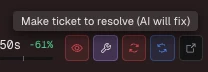 Bouton 'Make ticket to resolve (AI will fix)' sur un run de pipeline en échec dans Singularity