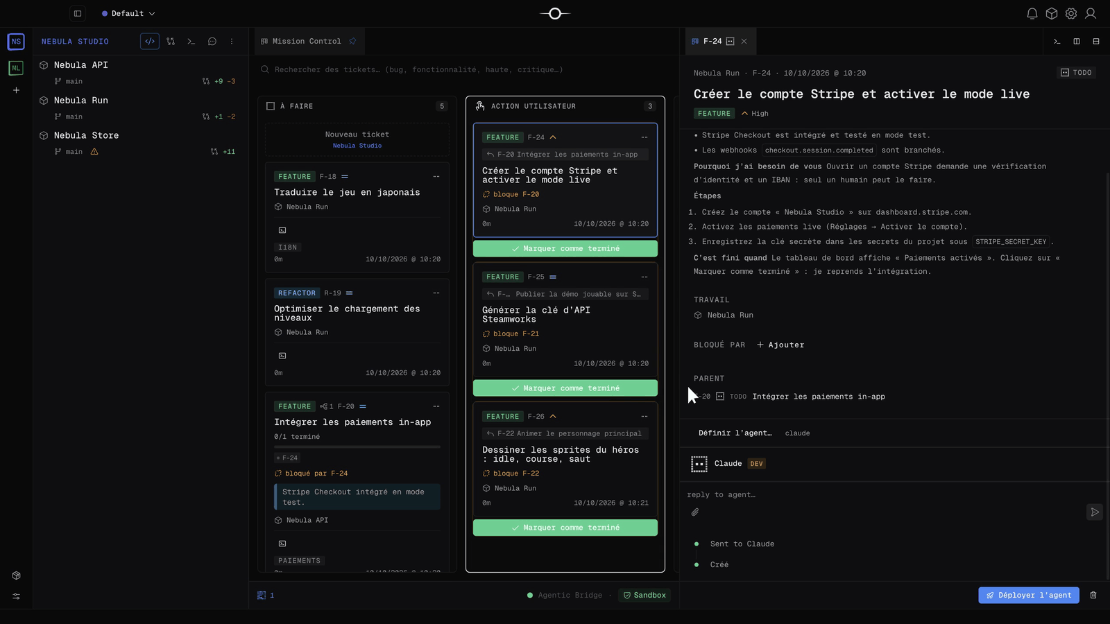Détail d’une User Action Stripe avec le contexte, la raison, les étapes et le critère de fin rédigés par l’agent
