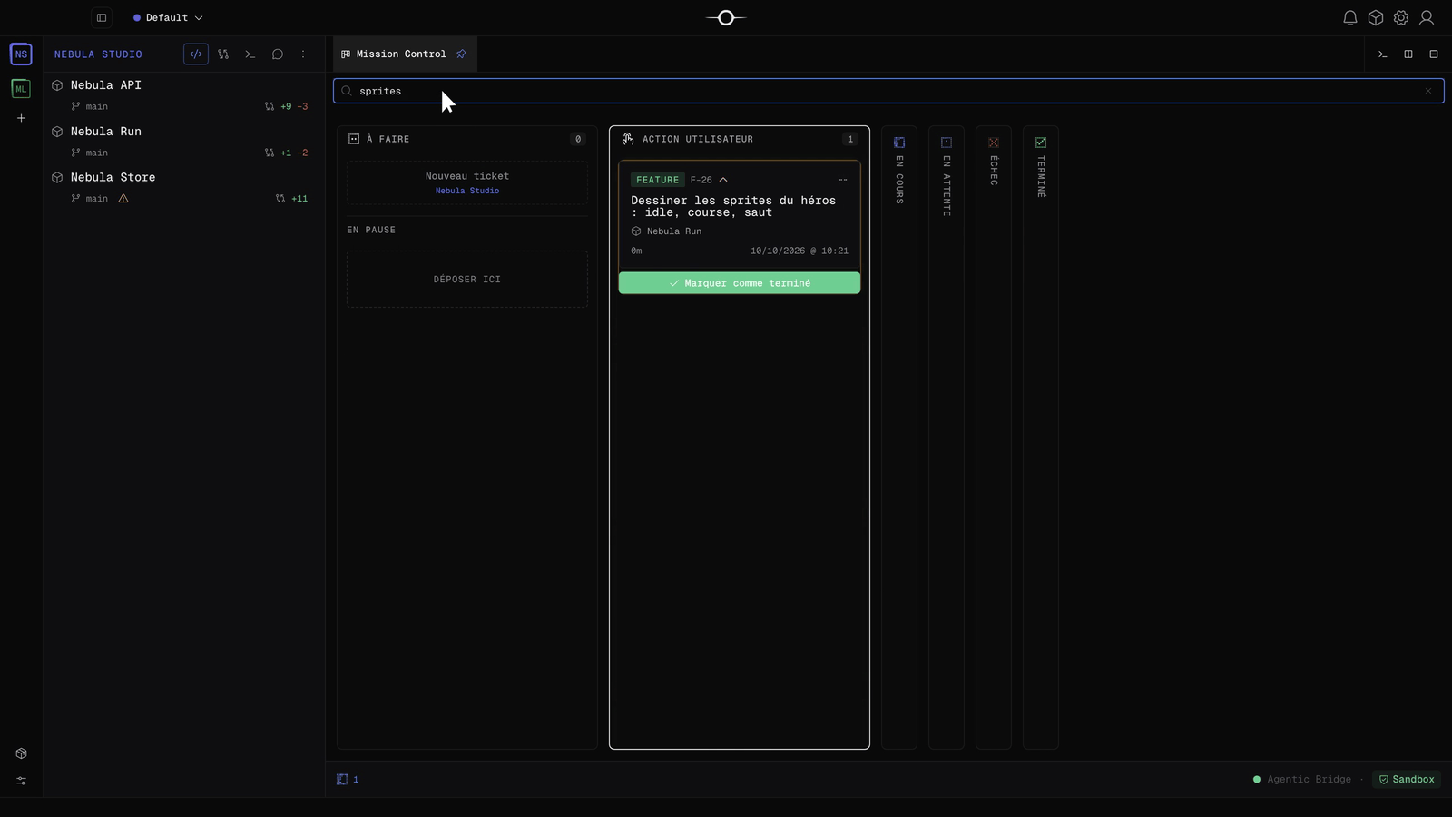 Recherche « sprites » dans Mission Control ne laissant qu’une User Action visible