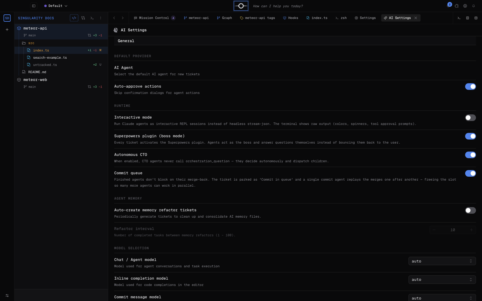 Réglages IA de Singularity sans clé ni jeton affiché
