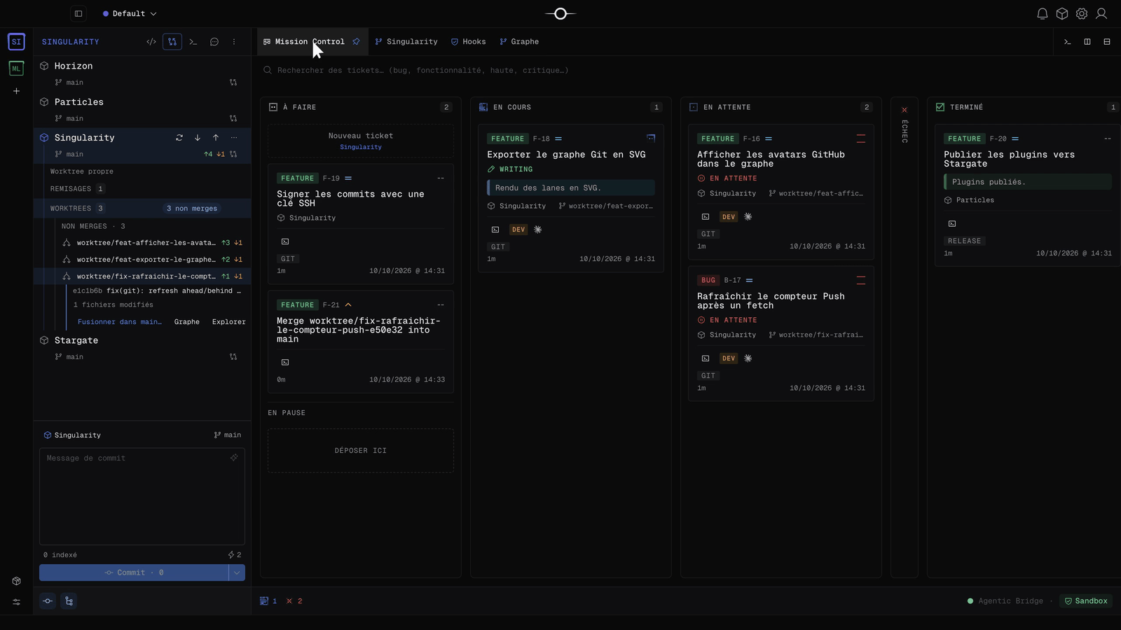 Mission Control avec le ticket Merge worktree into main dans À faire et la liste des worktrees non mergés dans le navigateur