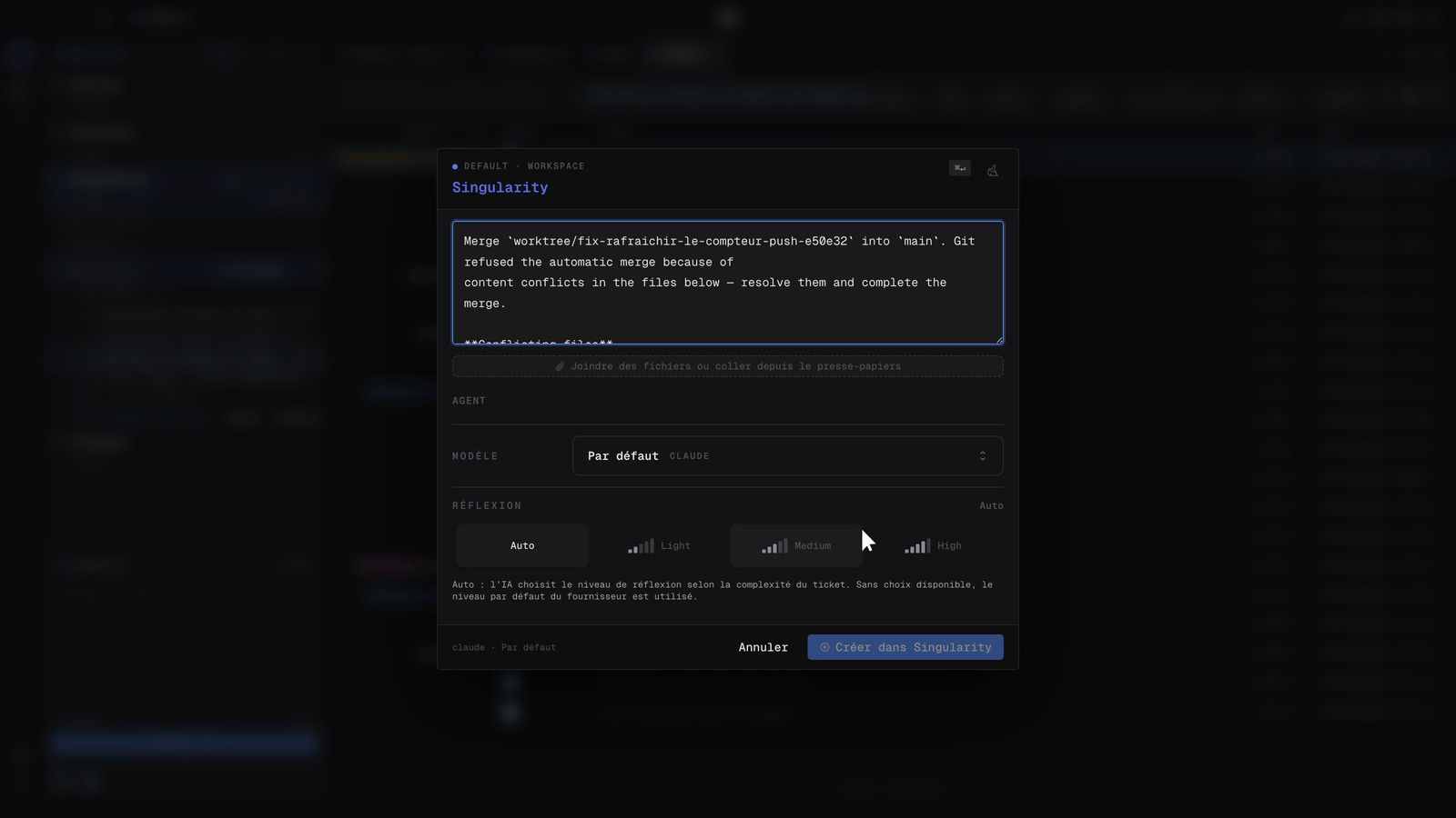 Dialogue de création d’un ticket de résolution prérempli avec la fusion du worktree dans main et les fichiers en conflit