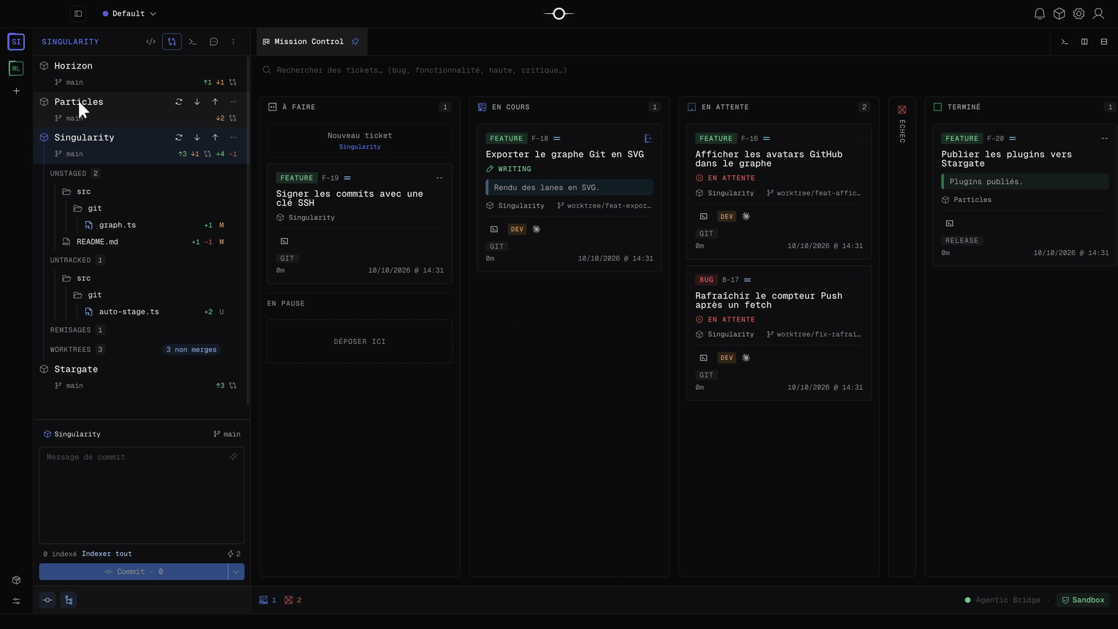 Vue Git du navigateur listant quatre projets avec leur branche, leurs compteurs ahead/behind et les actions Fetch, Pull et Push au survol