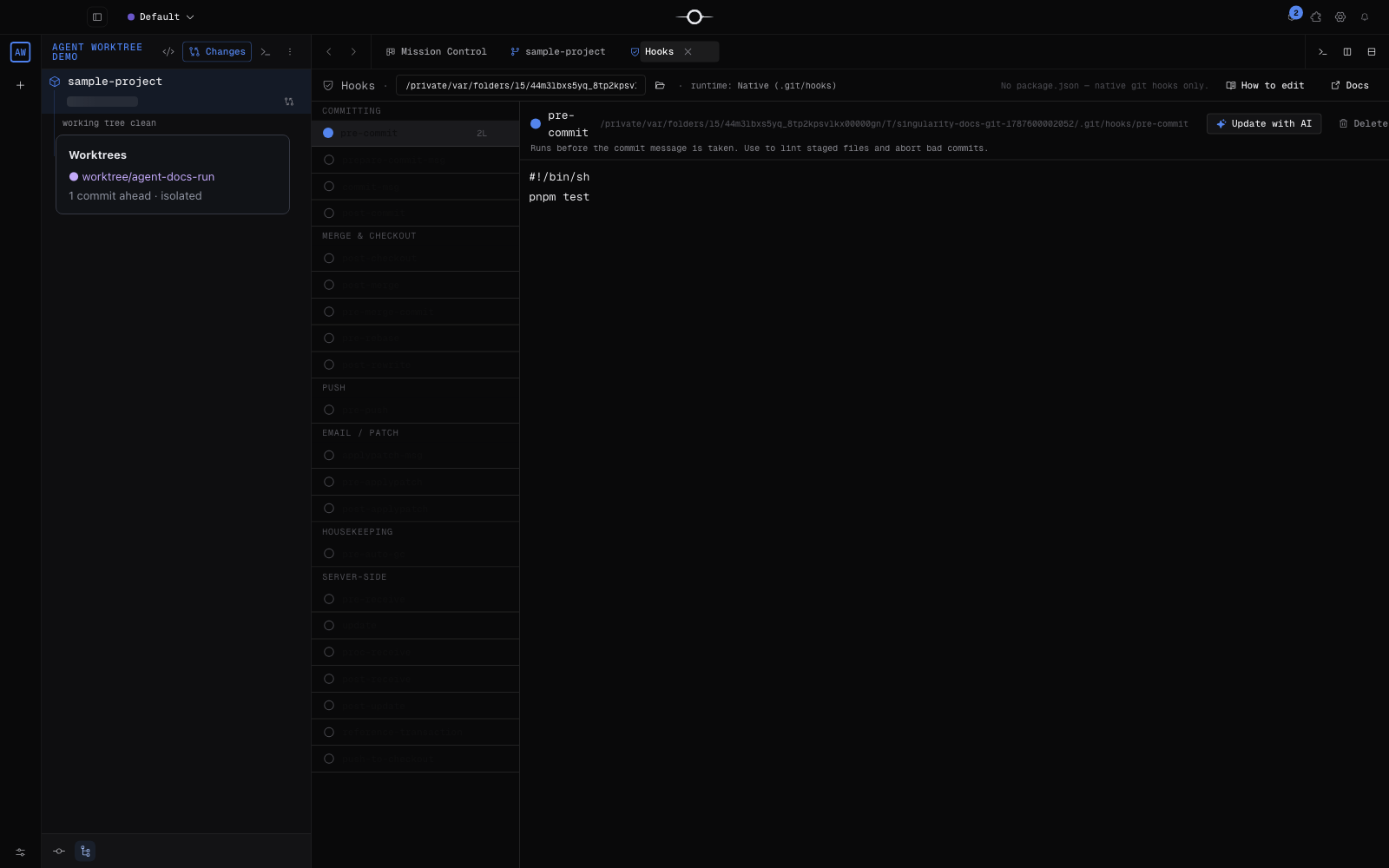 Onglet Hooks du cockpit Git listant les hooks d’un projet