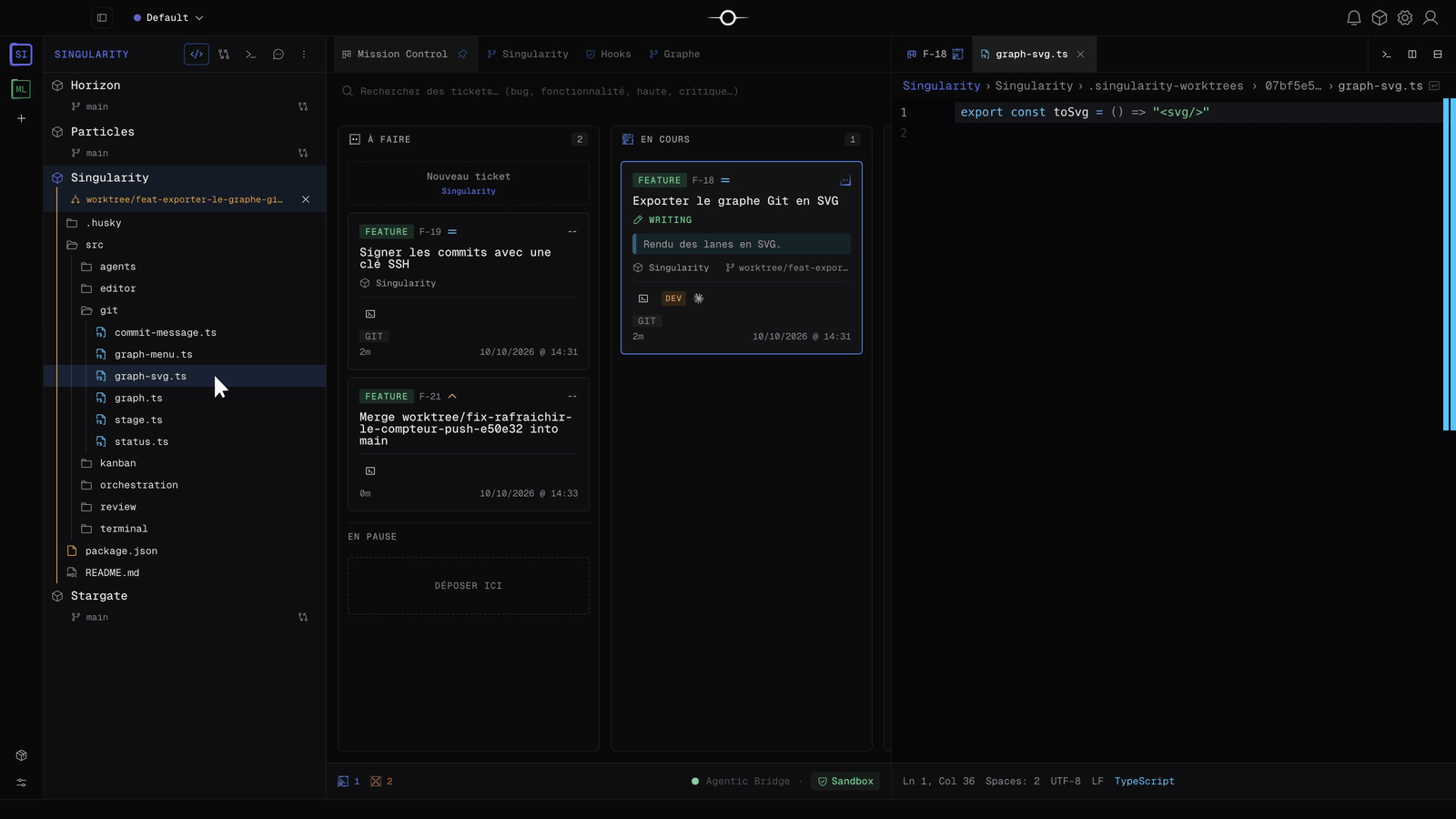 Singularity file explorer opened on a ticket’s worktree, with a file written by the agent