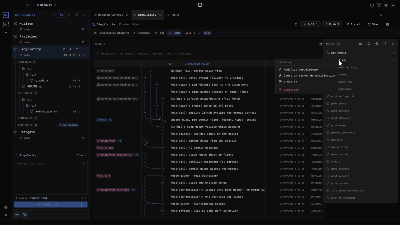 Git cockpit Hooks panel with a hook menu: Edit manually, Create a change ticket, chmod +x and Delete
