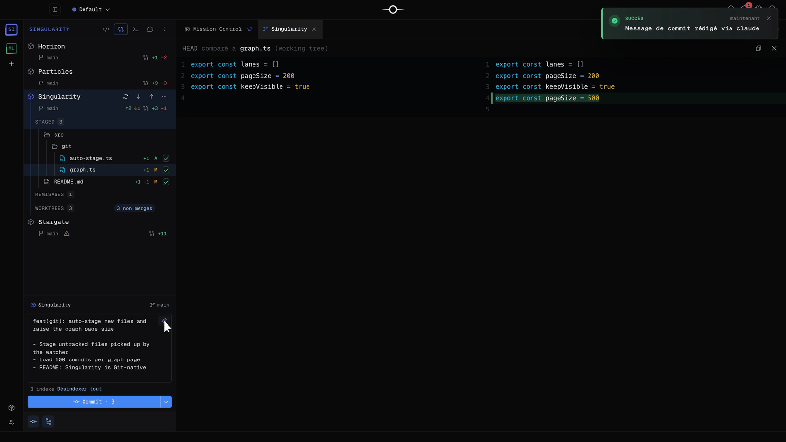 Compositor de commit de Singularity con un mensaje redactado por la IA y la notificación de mensaje de commit redactado mediante claude
