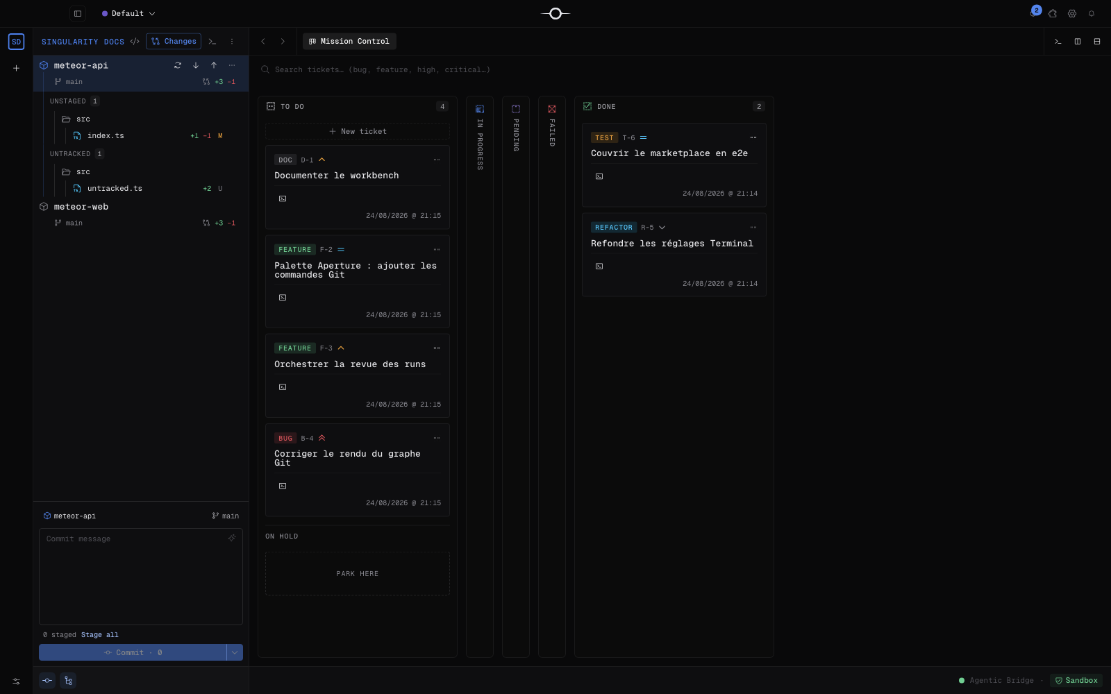 Vue Modifications du navigateur affichant les changements Git de projets d’exemple