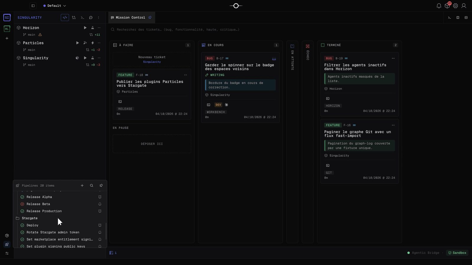 Dock Pipelines de Singularity listant les workflows GitHub de plusieurs dépôts sous Mission Control