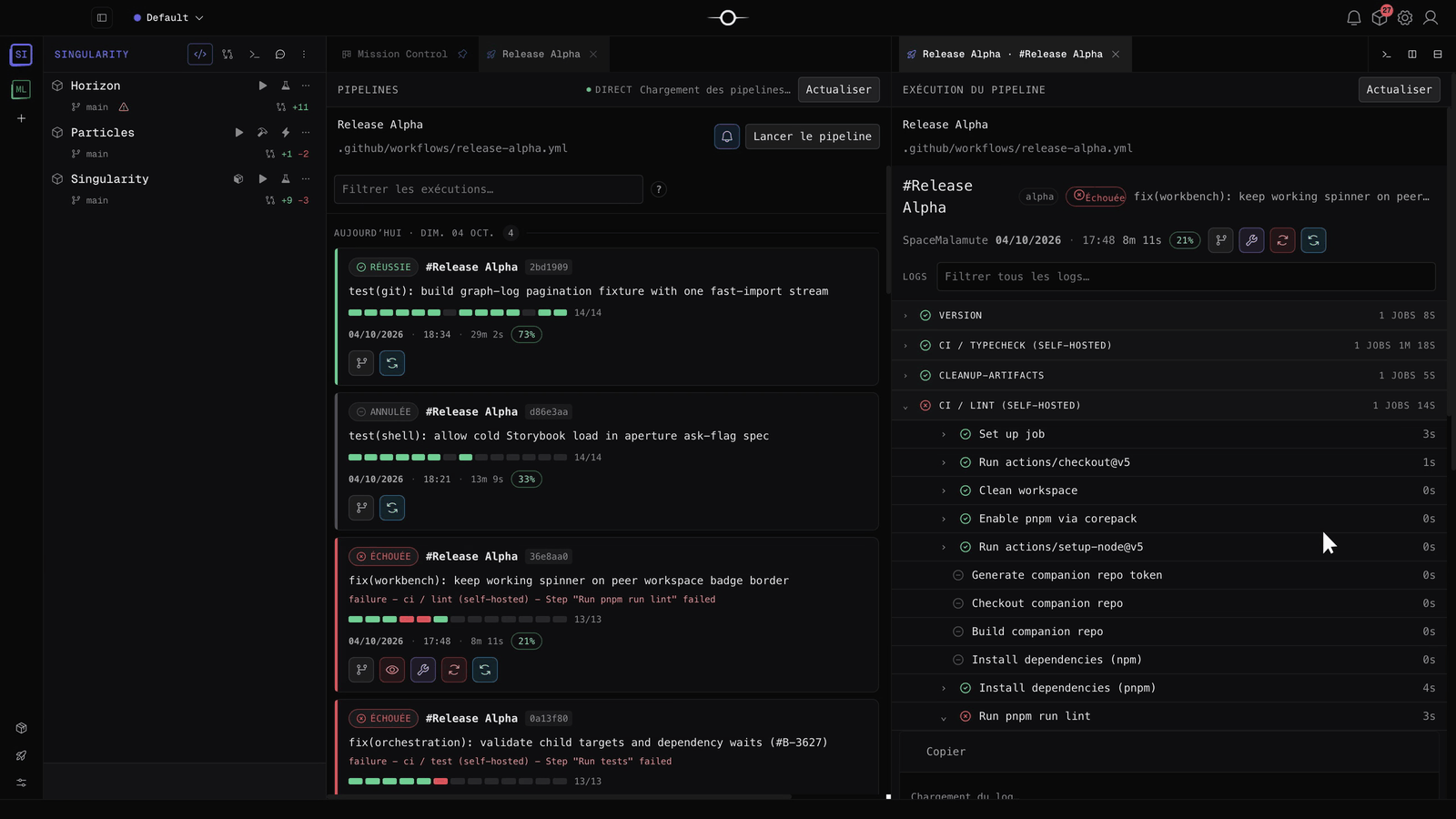 Onglet Release Alpha avec la liste des runs et le détail d’un run échoué, ses jobs et ses étapes