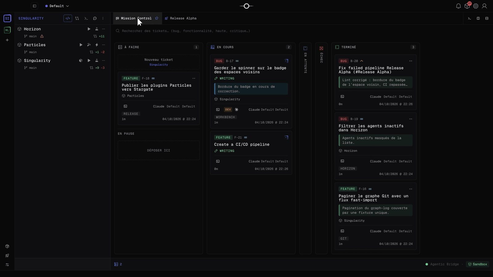 Mission Control avec le ticket Fix failed pipeline terminé et le ticket Create a CI/CD pipeline en cours