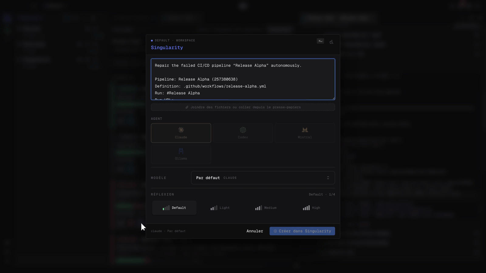 Dialogue de création de ticket prérempli pour réparer le pipeline Release Alpha, avec le choix de l’agent et du modèle