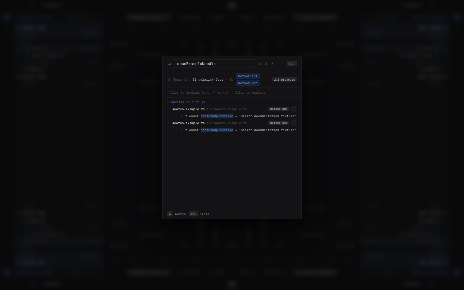 Recherche de fichiers de Singularity affichant une occurrence dans un projet d’exemple