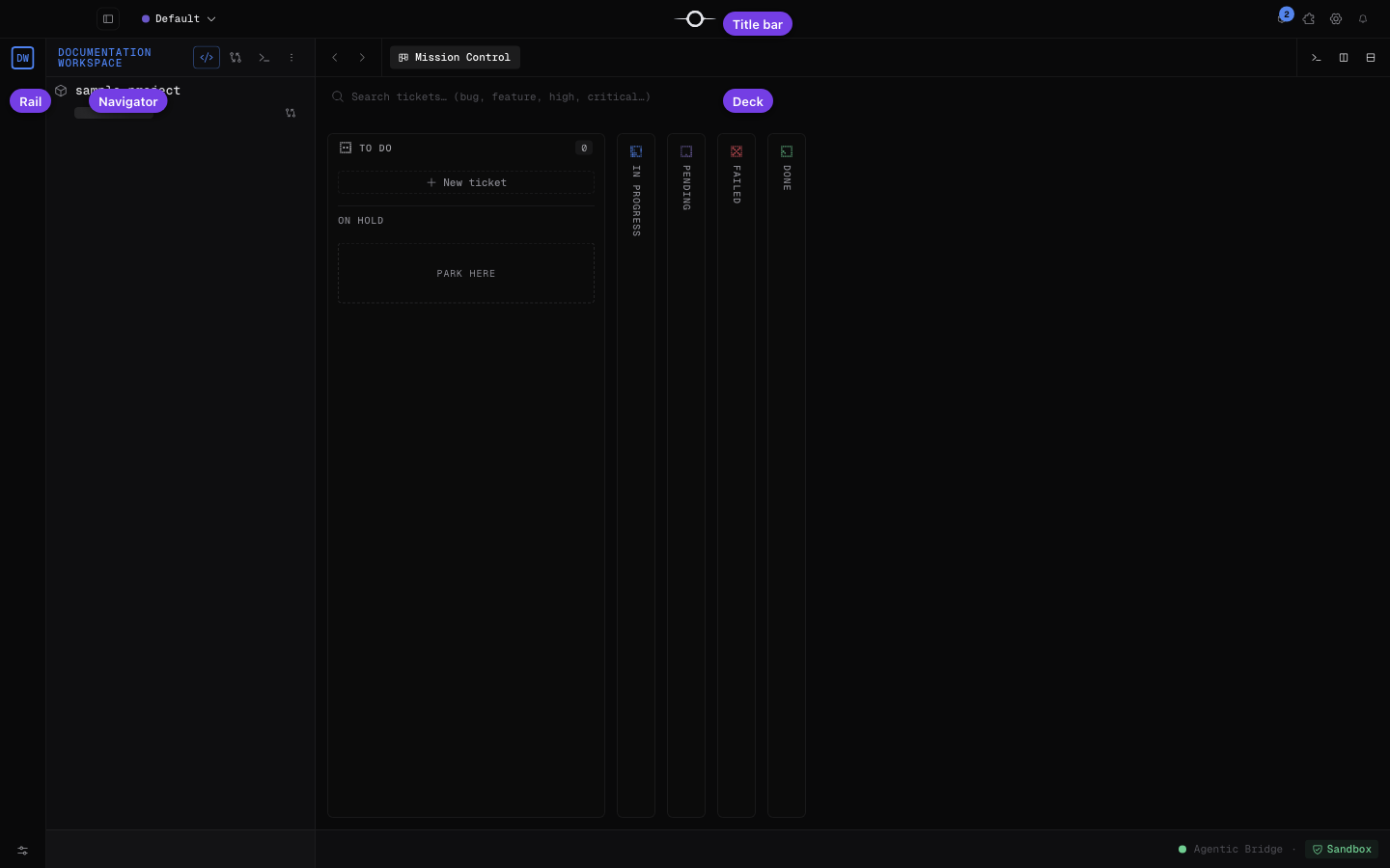 Workbench de Singularity annoté avec le rail, le navigateur, le deck et la barre de titre